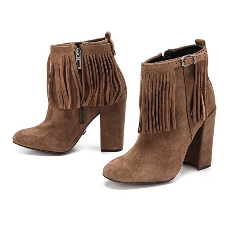 Schutz Paola Fringe Suede Chelsea Booties Taupe - 8